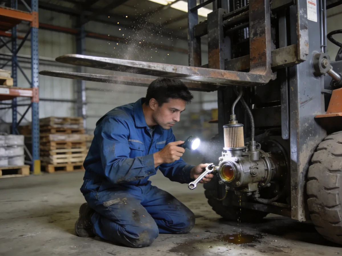 Technician checking a forklift hydraulic pump and filter for slow or weak lift