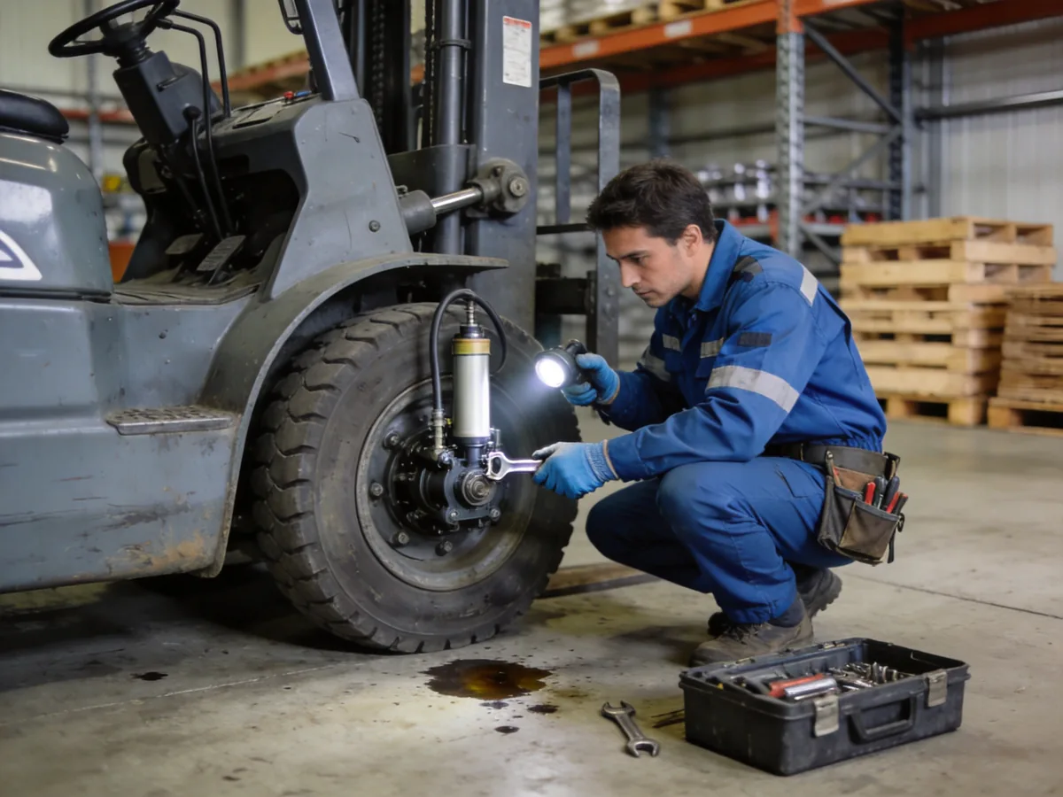 Technician checking a forklift steering unit and hydraulic steer cylinder
