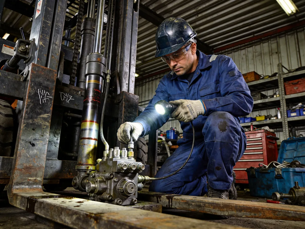 Technician inspecting a forklift tilt cylinder and control valve that will not tilt