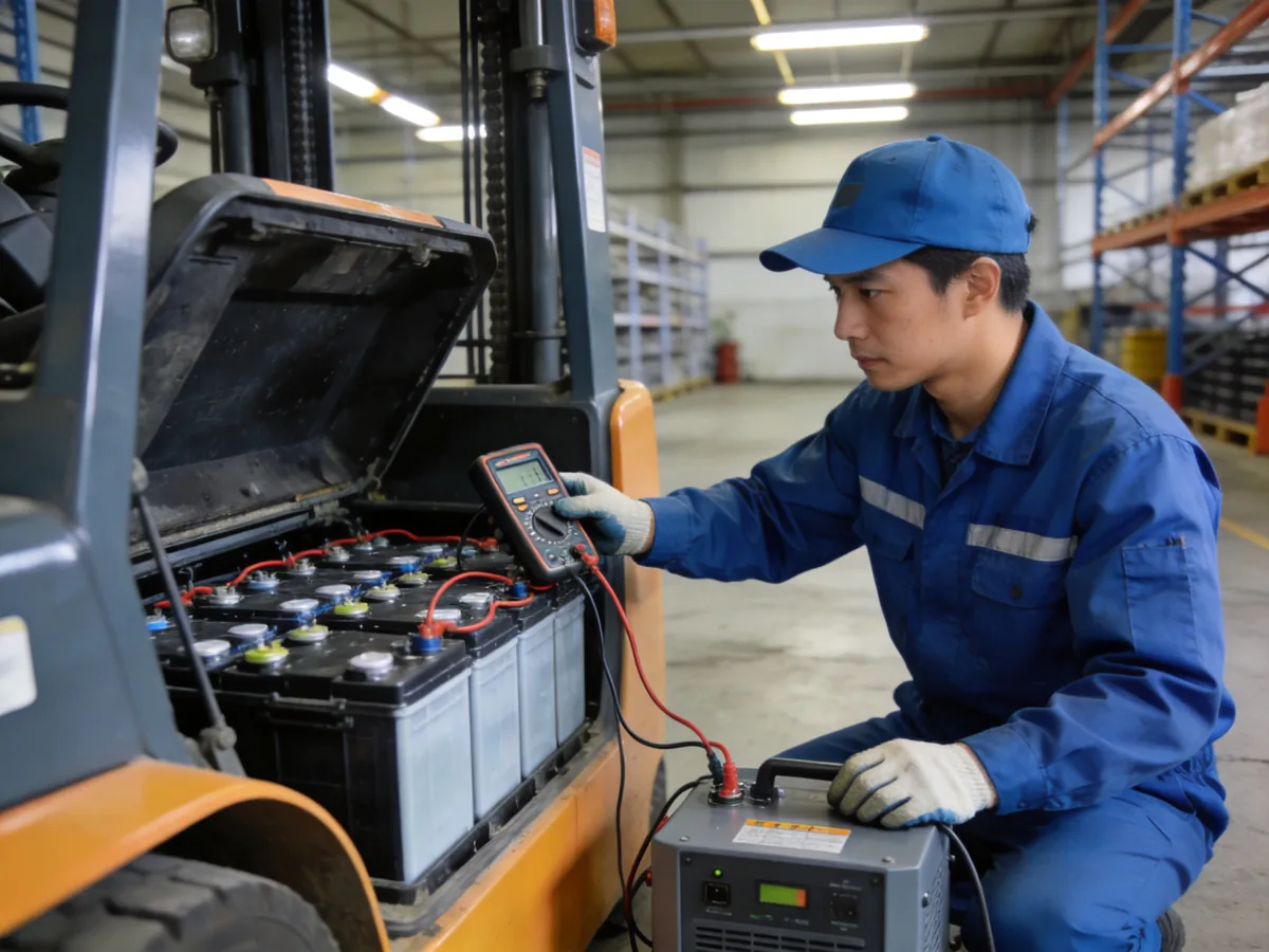 Technician measuring a forklift traction battery voltage at the charger after storage