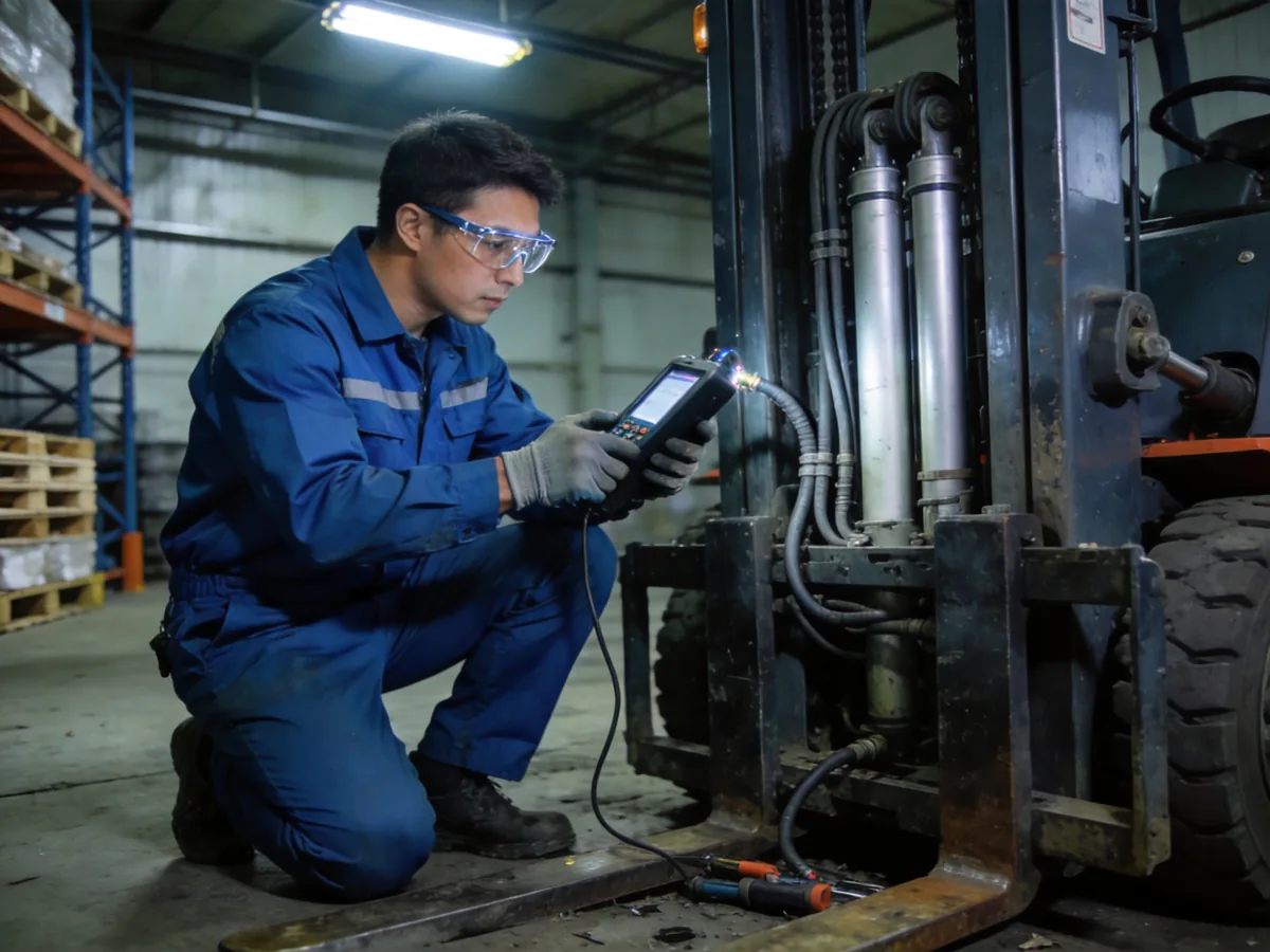 Technician diagnosing a forklift mast and hydraulic lift system that will not raise