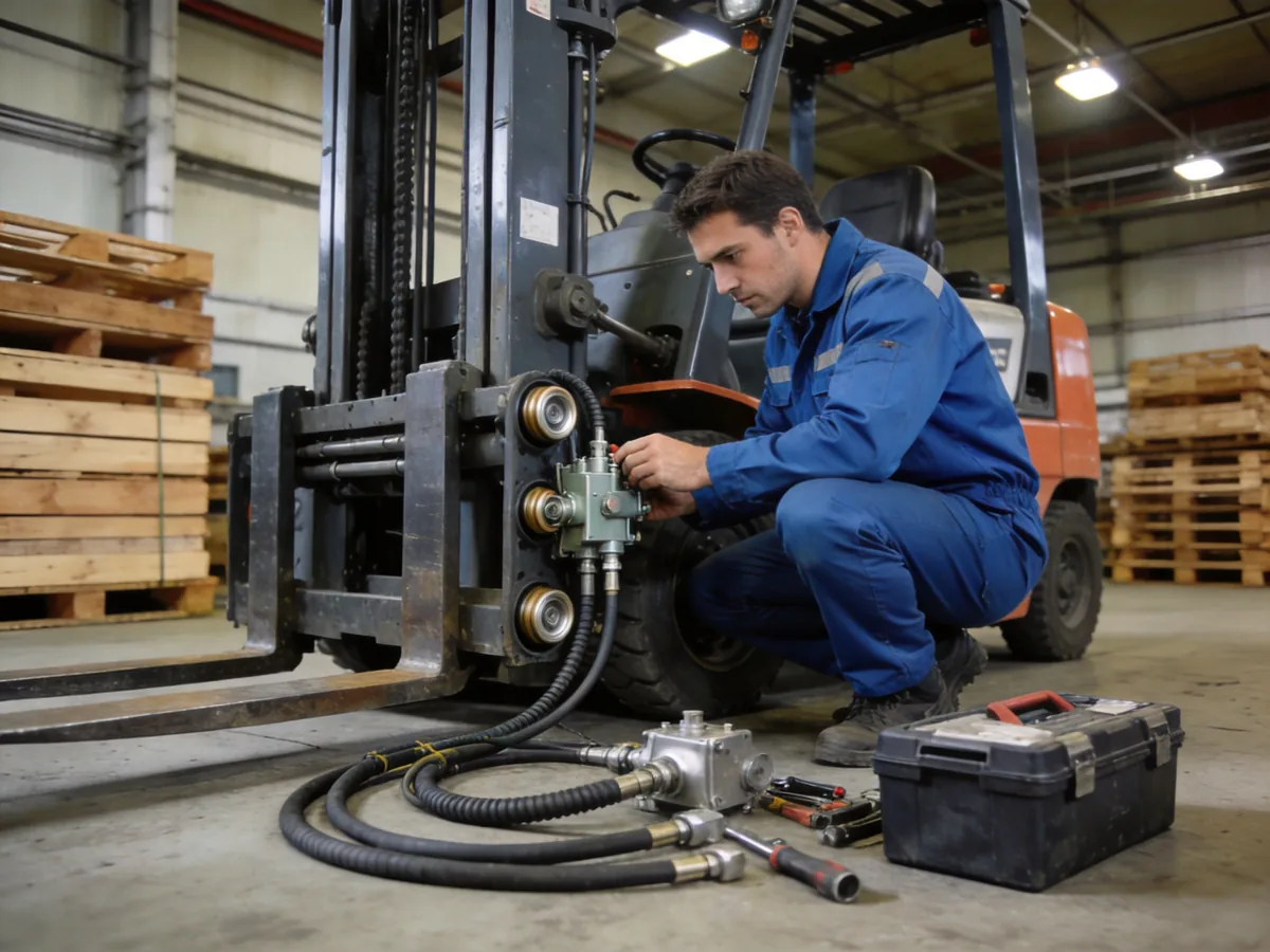 Technician diagnosing a forklift mast that will not lower, checking the lowering valve and mast rollers