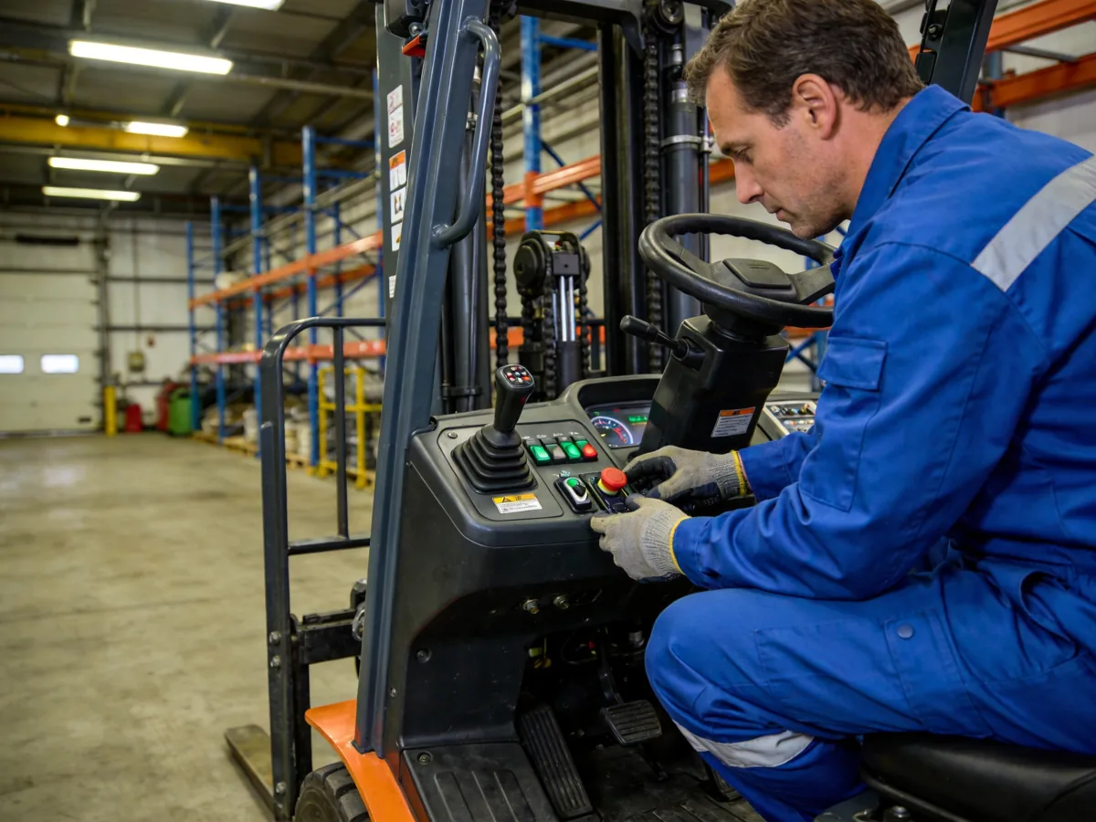 Technician diagnosing an electric forklift that powers on but will not drive, checking controller and interlocks