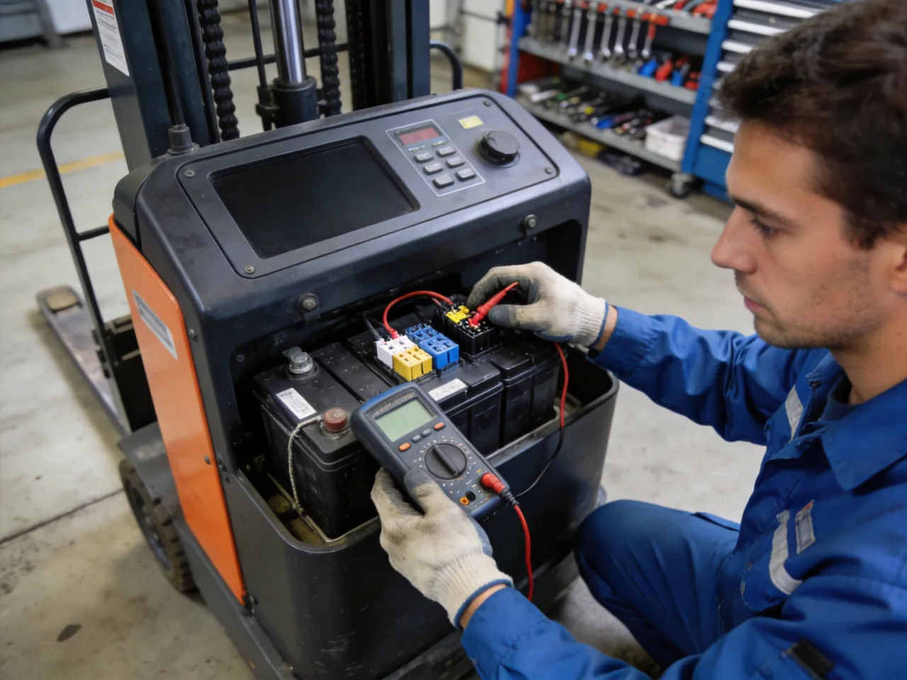 Technician checking an electric forklift main fuse and battery connector on a dead truck